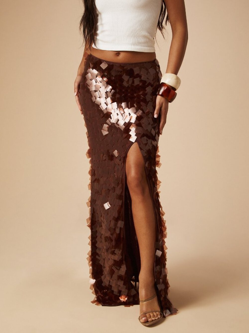 Brown Party Women's Sequin Split Thigh Bodycon Maxi Skirt